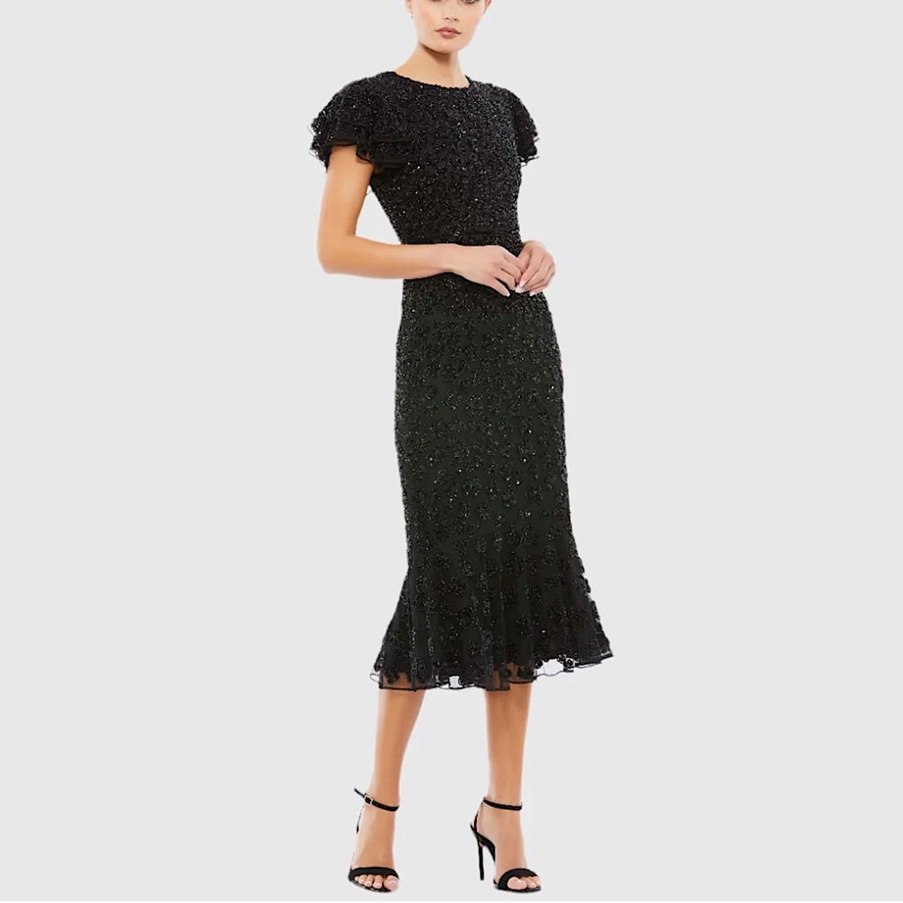 Mac Duggal HAND BEADED FLOUNCE SLEEVE MIDI DRESS Black Size 12 Style 10771 - Picture 2 of 12
